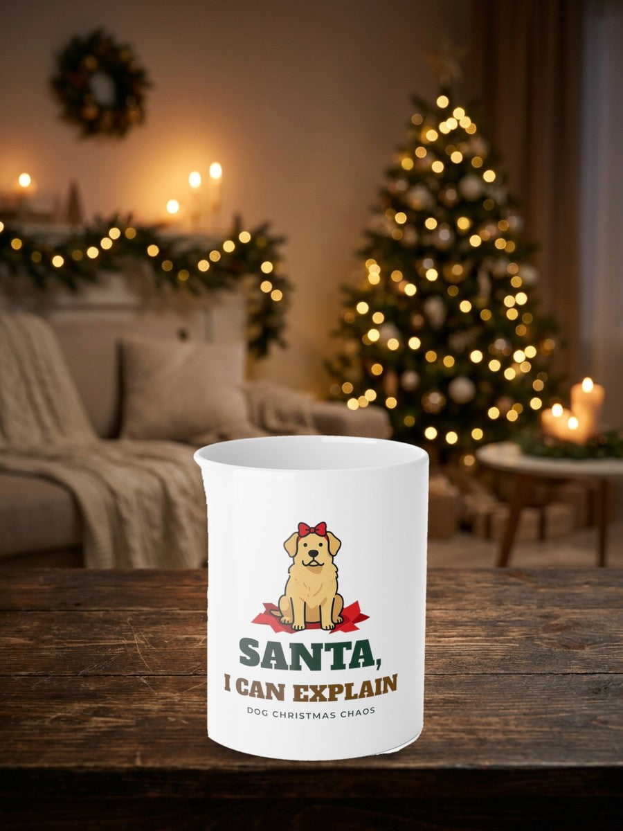 Santa, I Can Explain Dog Christmas Mug in a styled table product photo