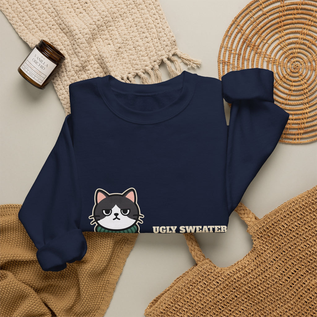 Ugly Christmas Sweater Style Crewneck Sweatshirt Cat, Cat Approved Funny Holiday Crewneck Sweatshirt, Grumpy Cat Christmas Crewneck Sweatshirt, Cat Mom Gift, Cat Lover Crewneck Sweatshirt
