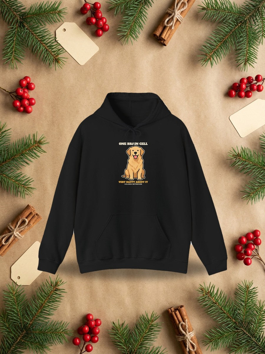 One Brain Cell, Very Happy About It Golden Retriever Hoodie in a styled flat lay product photo