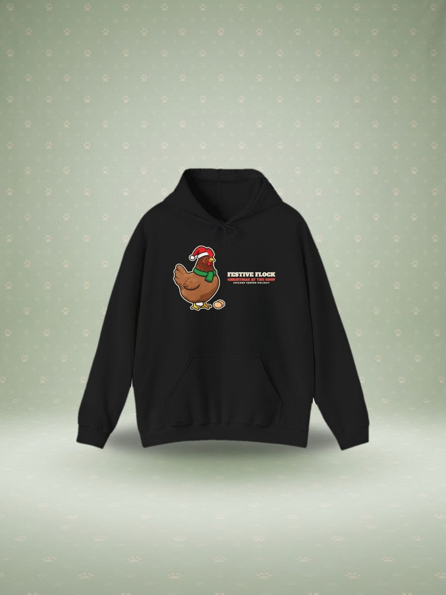 Festive Flock chicken Christmas hoodie in a festive studio scene