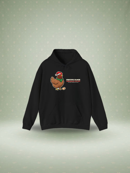 Festive Flock chicken Christmas hoodie in a festive studio scene