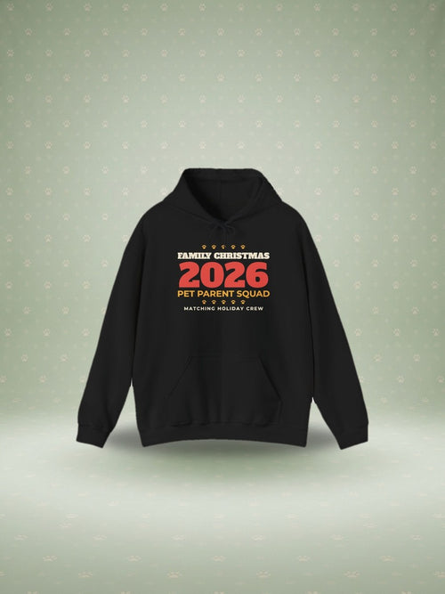 Family Christmas 2026 pet parent squad hoodie in a festive studio scene