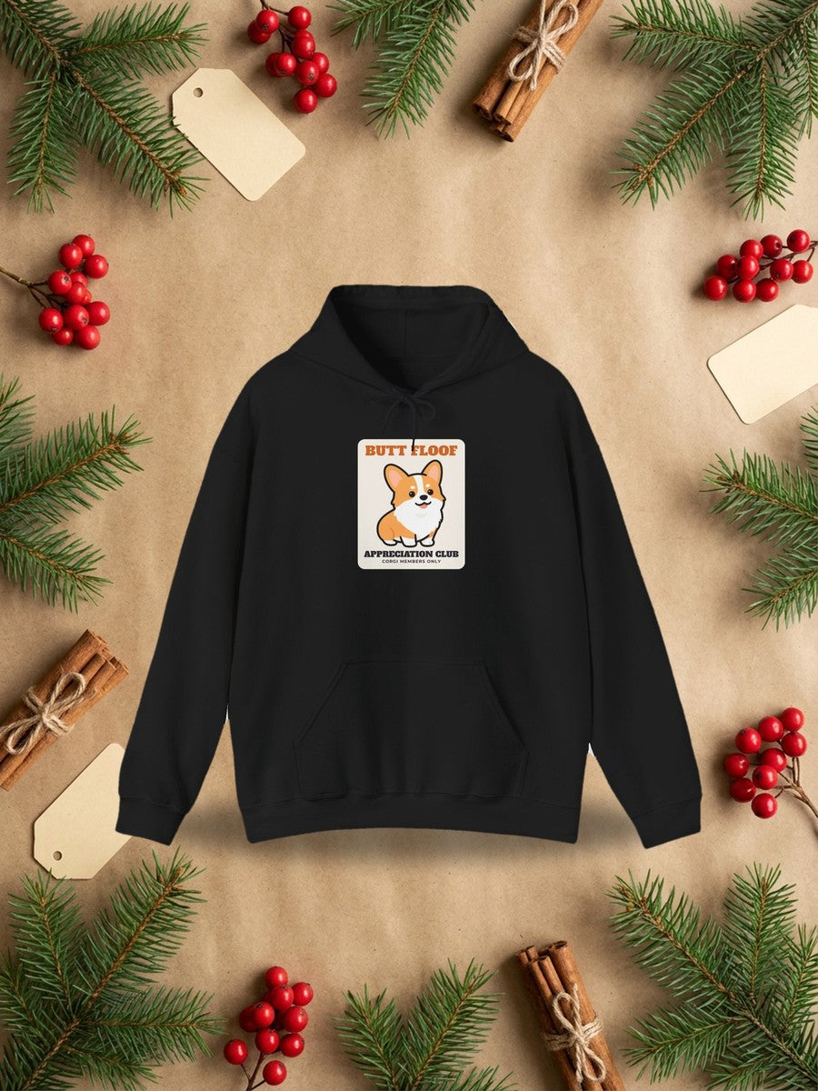 Corgi Butt Floof Appreciation Club Hoodie in a styled flat lay product photo