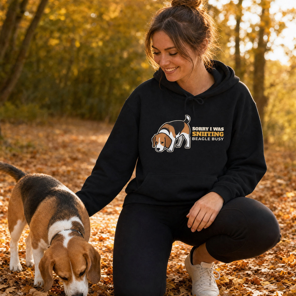 Funny beagle hoodie for humans worn on a fall walk with a sniffing beagle - gift for beagle lovers