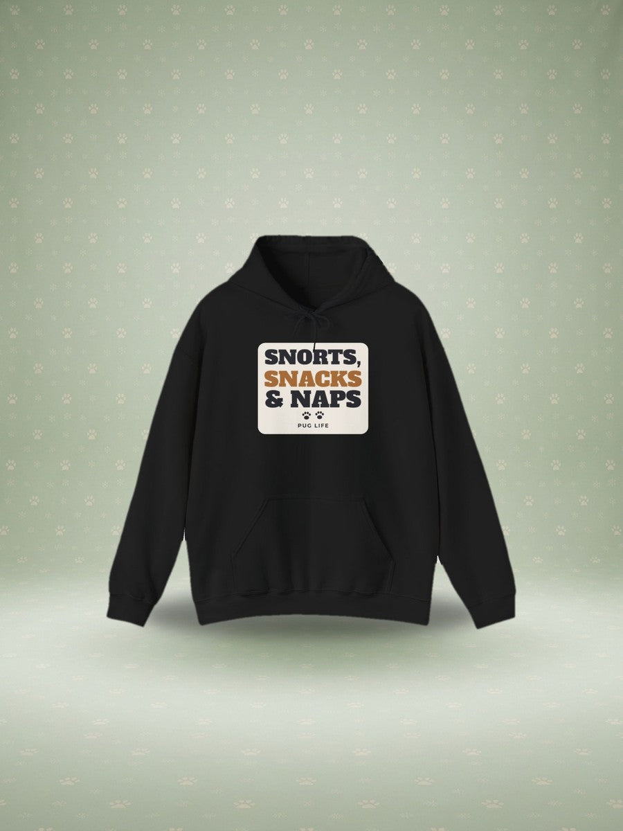 Snorts, Snacks and Naps pug hoodie in a festive studio scene