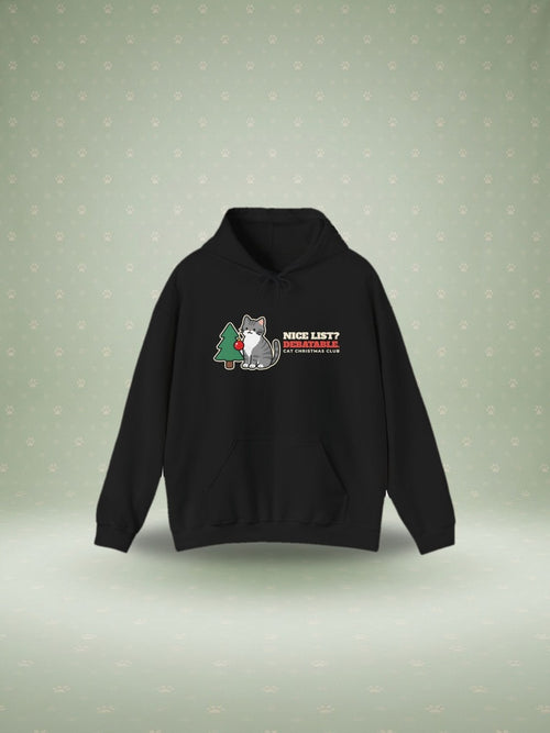 Nice List Debatable cat Christmas hoodie in a festive studio scene