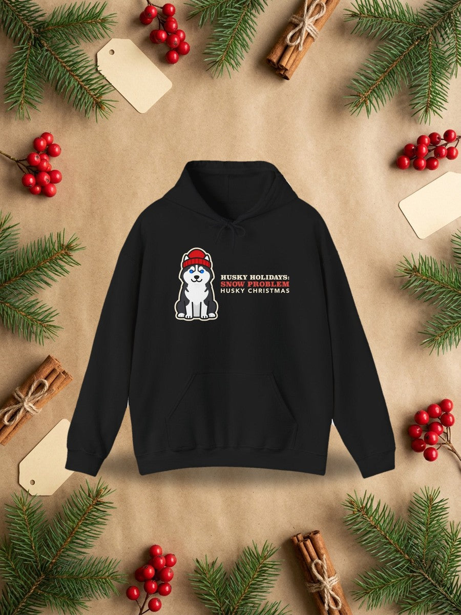 Husky Christmas Hoodie in a styled flat lay product photo
