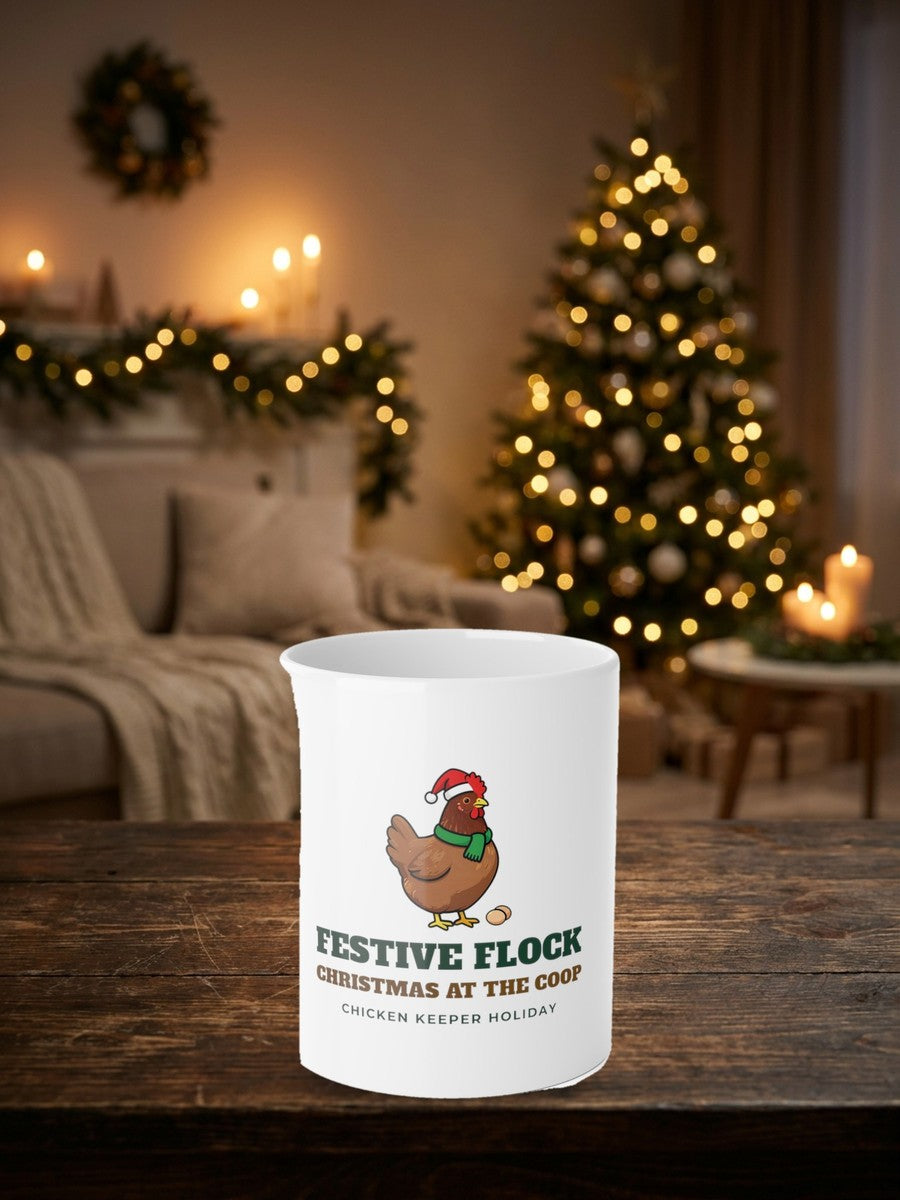 Festive Flock Chicken Christmas Mug in a styled table product photo