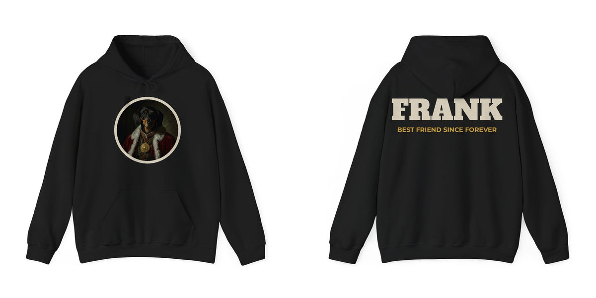 Custom dog portrait hoodie example: dachshund royal portrait on the front, name FRANK on the back