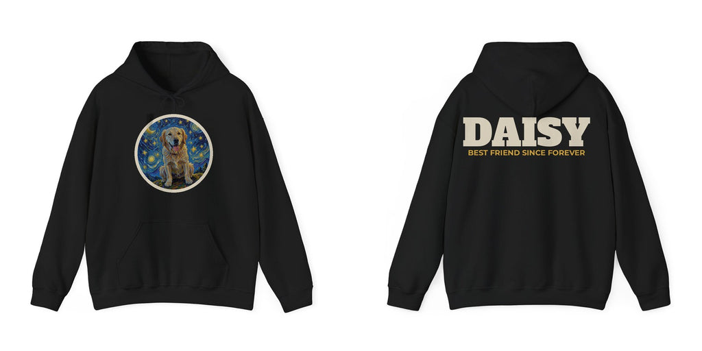Custom pet portrait hoodie example: golden retriever Starry Night portrait on the front, name DAISY on the back
