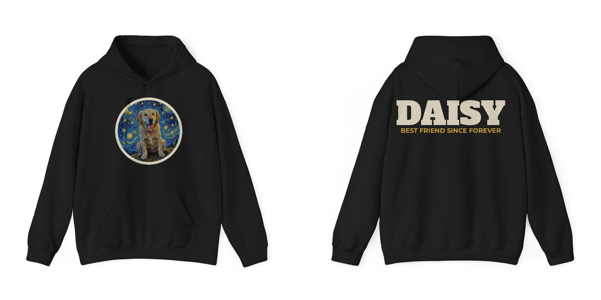 Custom pet portrait hoodie example: golden retriever Starry Night portrait on the front, name DAISY on the back