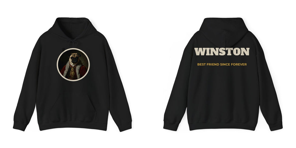 Custom dog portrait hoodie example: pug royal portrait on the front, name WINSTON on the back