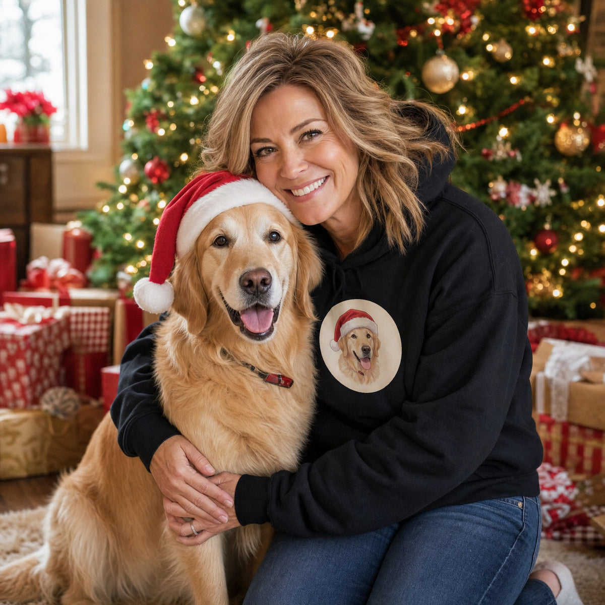 AI-generated example photo: woman hugging her golden retriever by the Christmas tree, wearing the custom pet portrait hoodie with a Santa-hat portrait