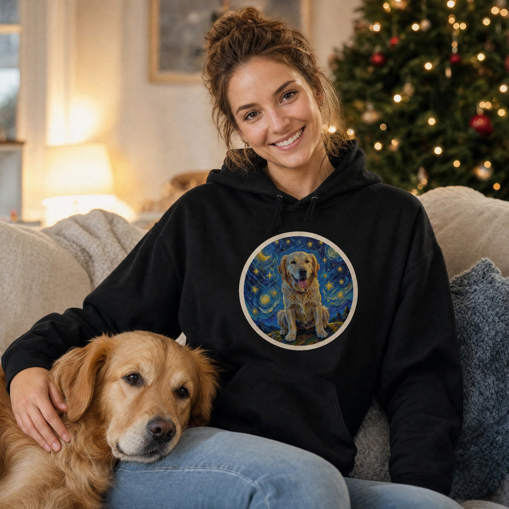 AI-generated example photo: woman on the couch with her golden retriever wearing the Starry Night custom pet portrait hoodie