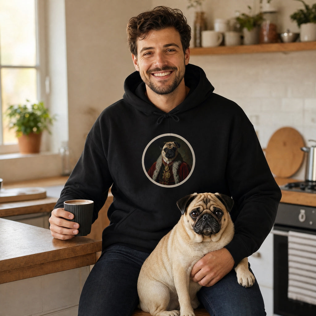 AI-generated example photo: man with his pug wearing the royal pug portrait custom pet hoodie