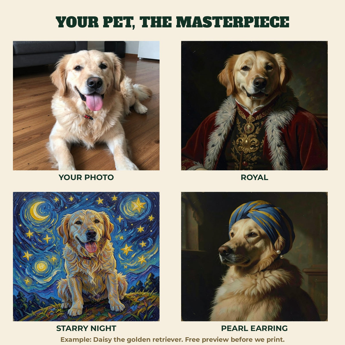 Custom pet portrait styles from a dog photo: royal, Starry Night, Pearl Earring