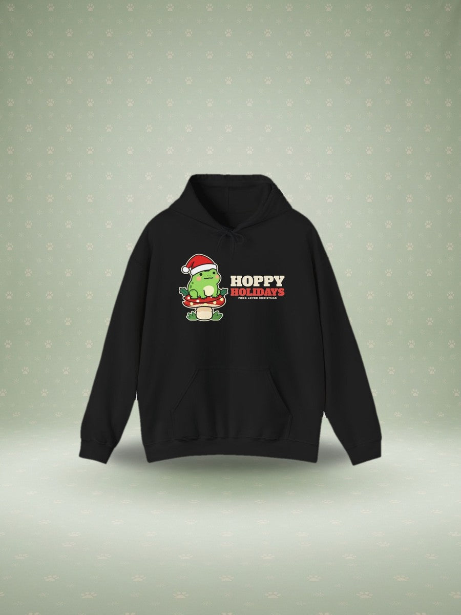 Hoppy Holidays frog Christmas hoodie in a festive studio scene