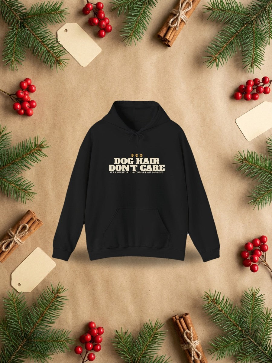 Dog Hair Don't Care hoodie, funny dog mom gift, styled Christmas flat lay