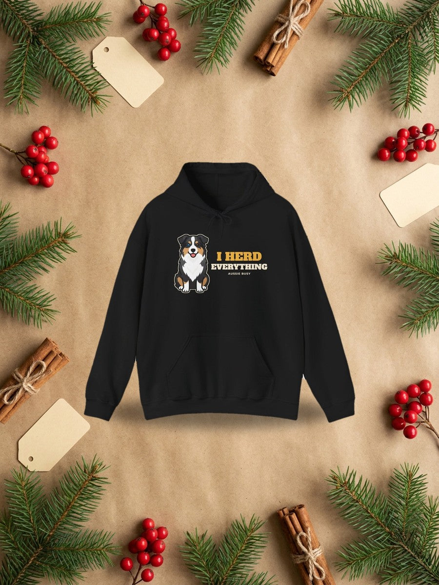 I Herd Everything Australian Shepherd Hoodie styled Christmas flat lay