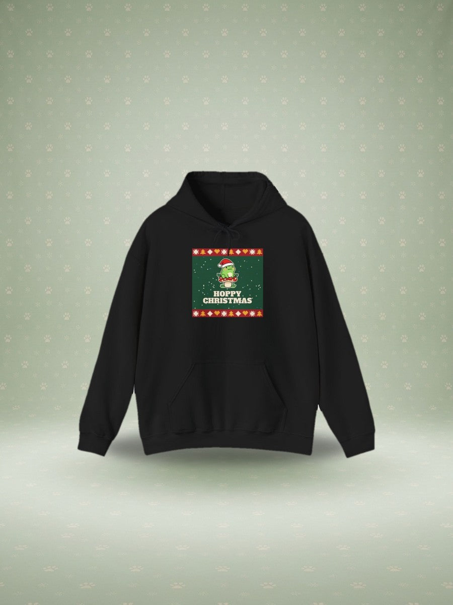 Hoppy Christmas frog ugly sweater hoodie in a festive studio scene