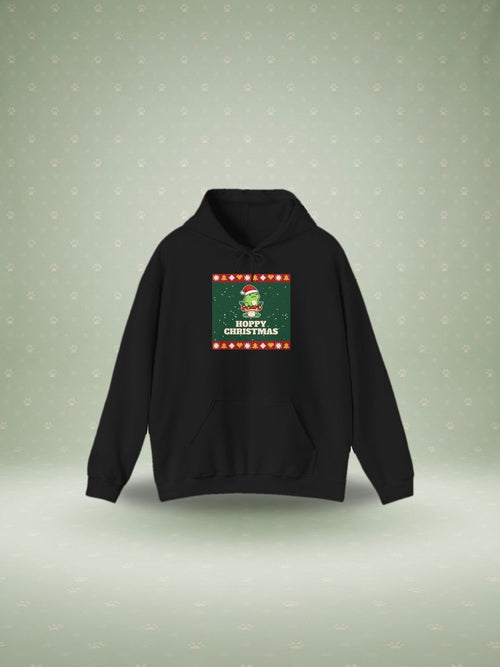 Hoppy Christmas frog ugly sweater hoodie in a festive studio scene
