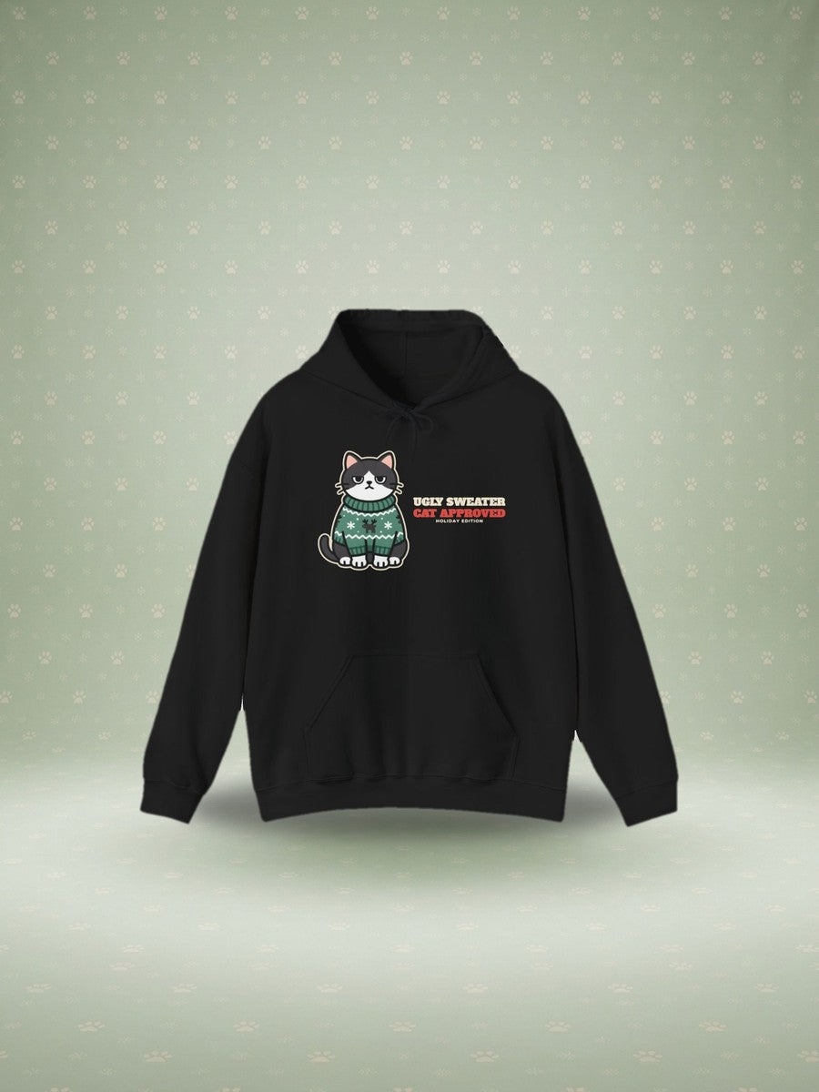 Cat Approved ugly sweater Christmas hoodie in a festive studio scene
