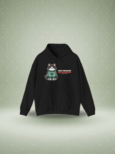 Cat Approved ugly sweater Christmas hoodie in a festive studio scene