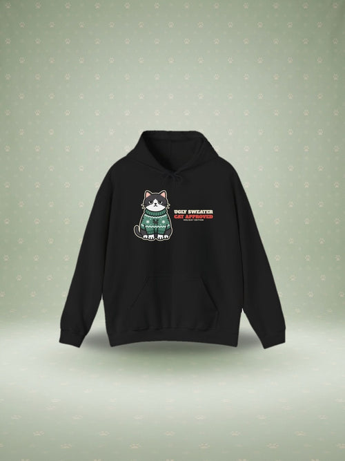 Cat Approved ugly sweater Christmas hoodie in a festive studio scene