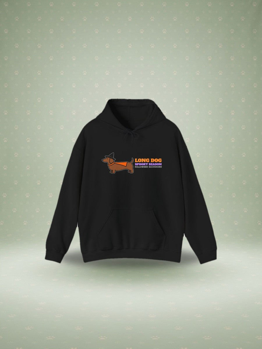 Long Dog Spooky Season dachshund Halloween hoodie in a studio scene