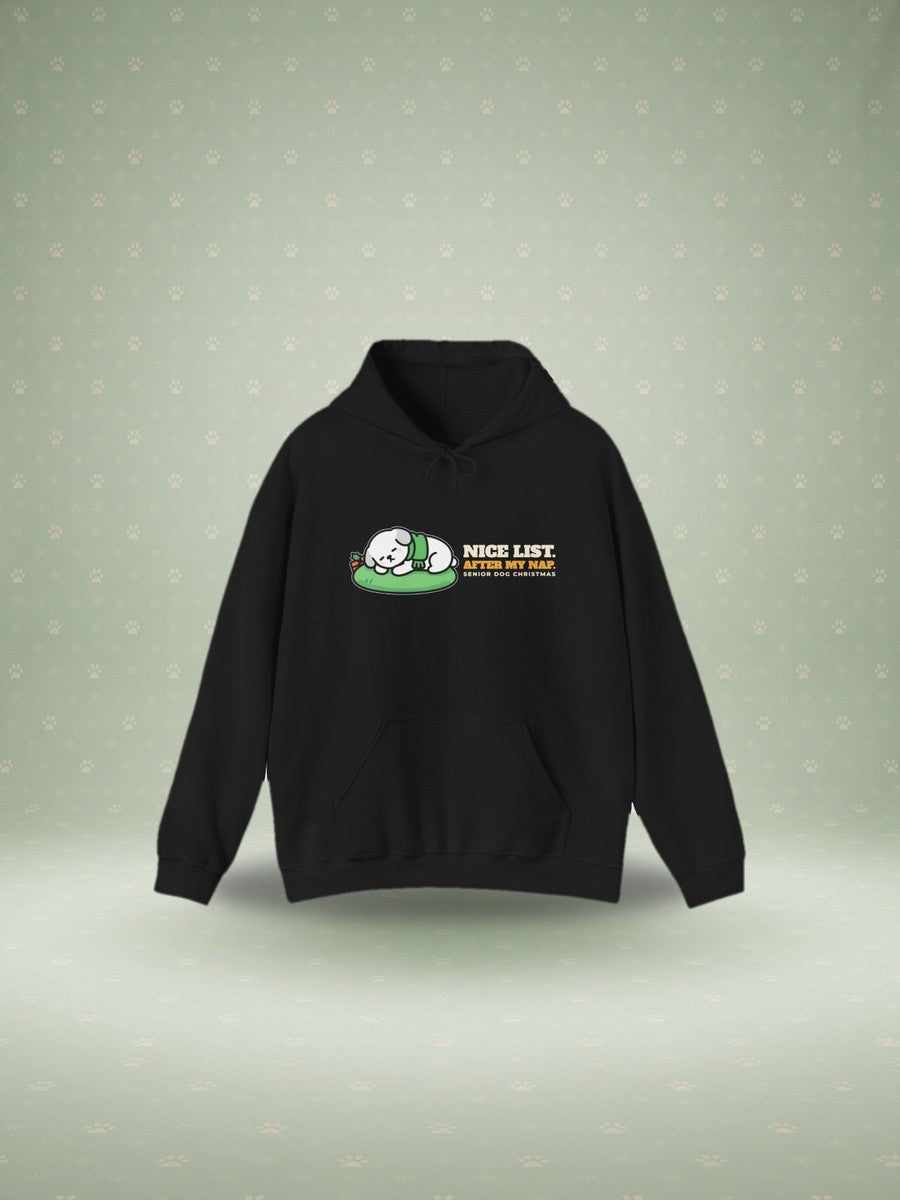 Nice List After My Nap senior dog Christmas hoodie in a studio scene