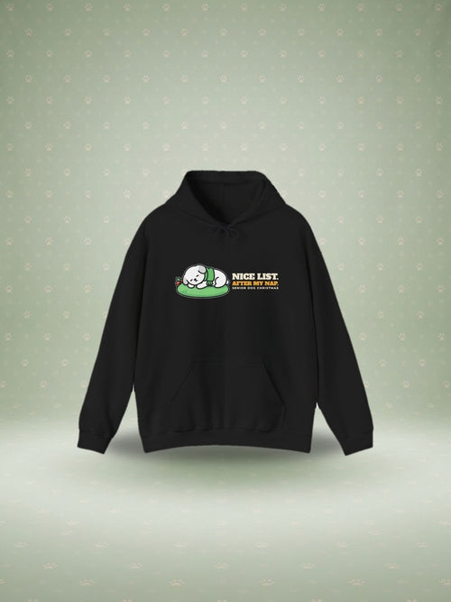 Nice List After My Nap senior dog Christmas hoodie in a studio scene