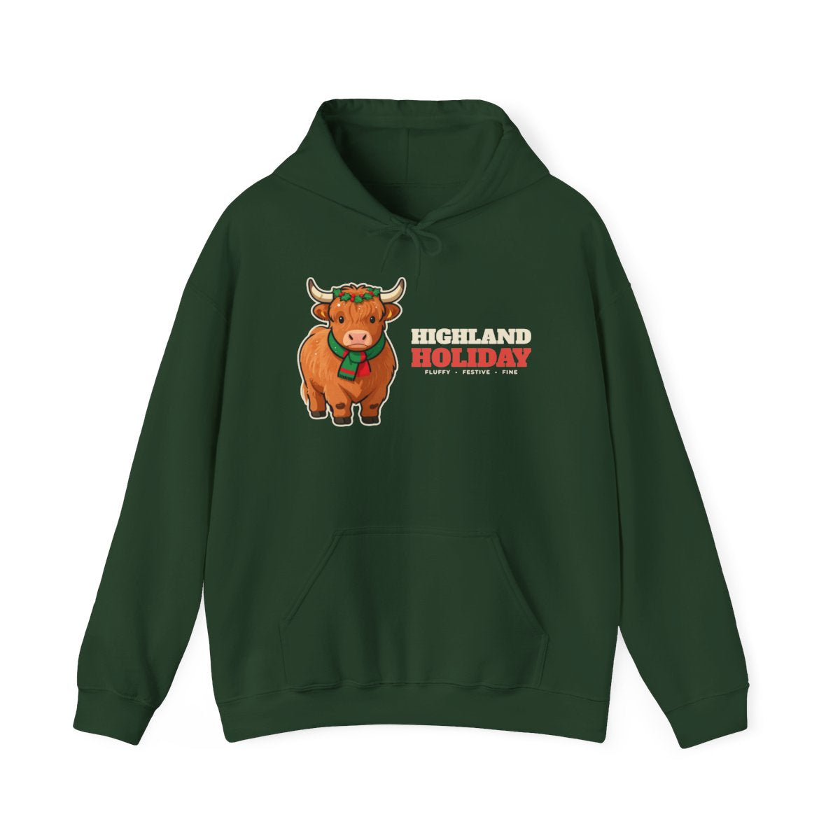 Highland Cow Christmas Hoodie in forest green