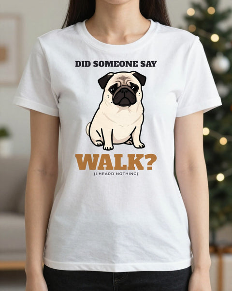 Woman wearing the pug side eye t-shirt
