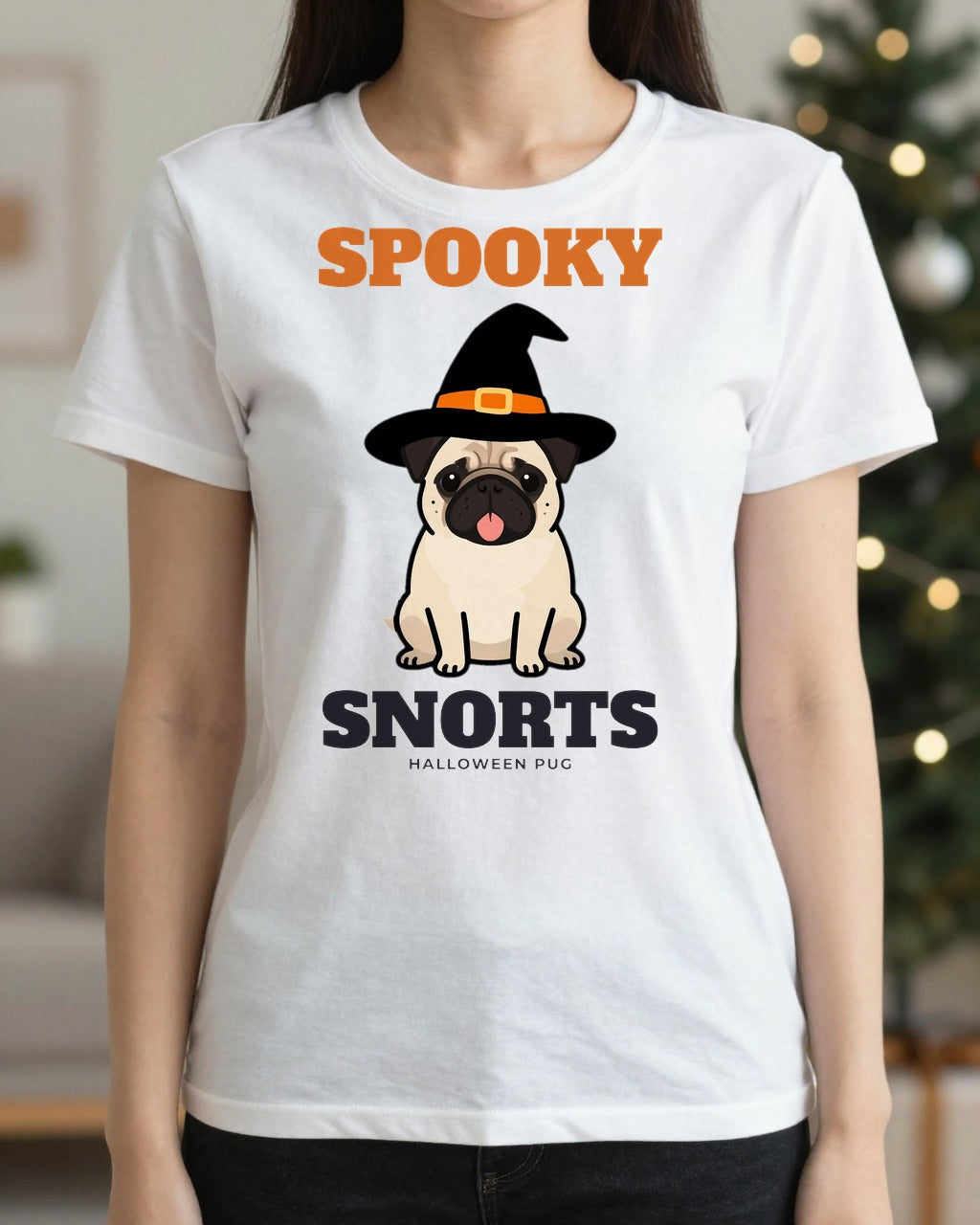 Woman wearing the Spooky Snorts Halloween pug t-shirt