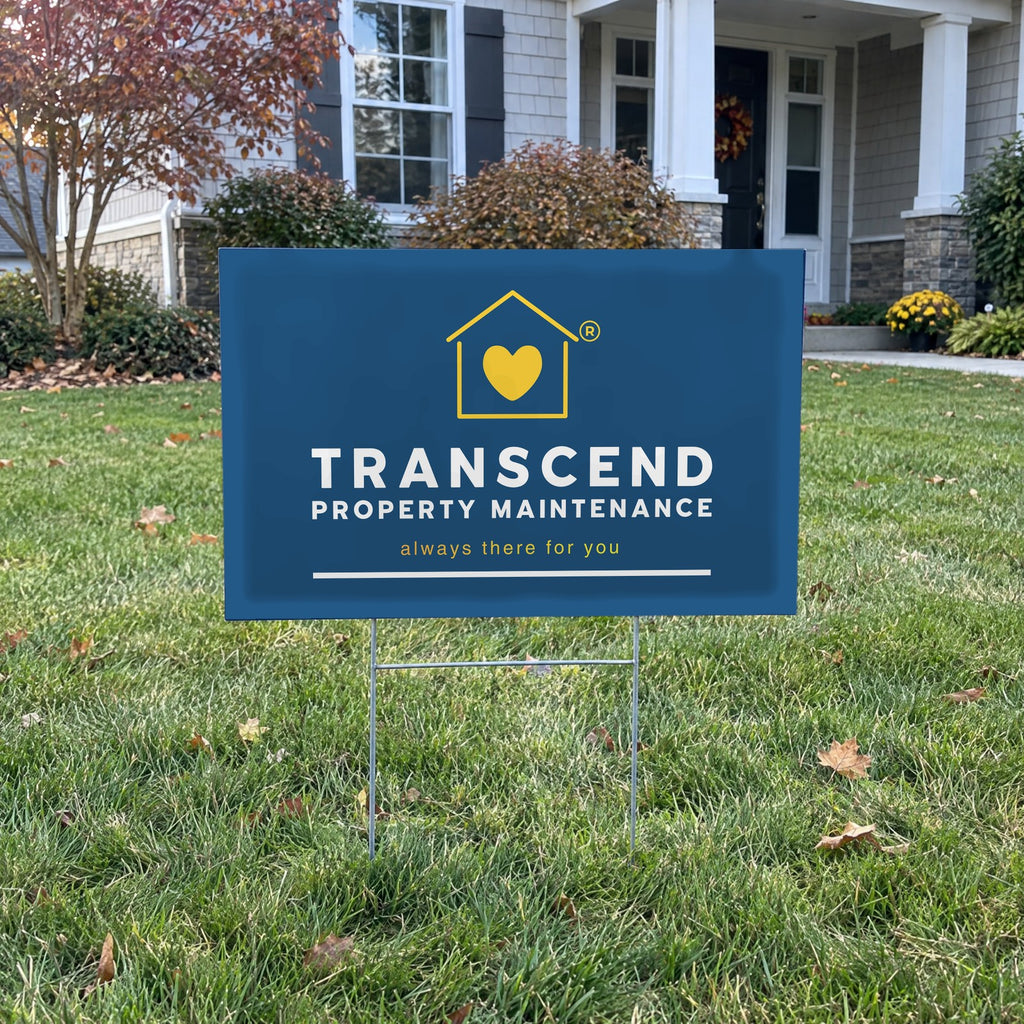 Transcend Property Maintenance lawn sign on a front lawn (AI-generated example scene, artwork placed from the real design)