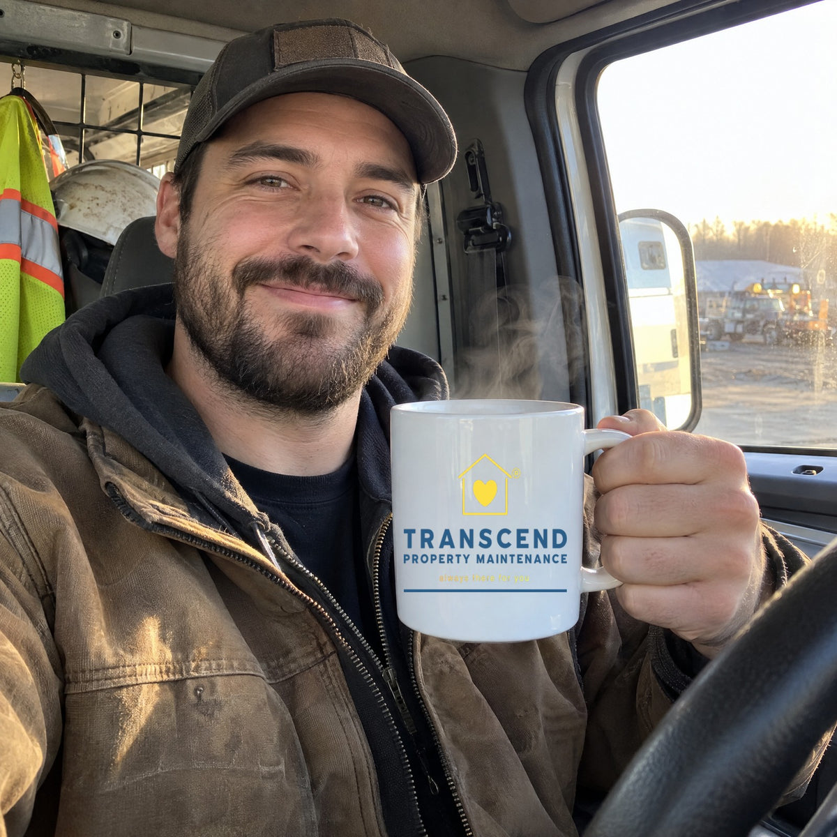 Man holding the Transcend Property Maintenance white coffee mug in a work truck (AI-generated example photo, logo placed to match the real product)