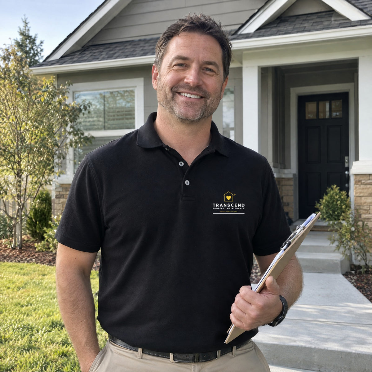 Property manager wearing the Transcend Property Maintenance black stretch polo with the logo on the left chest (AI-generated example photo, logo placed to match the real product)