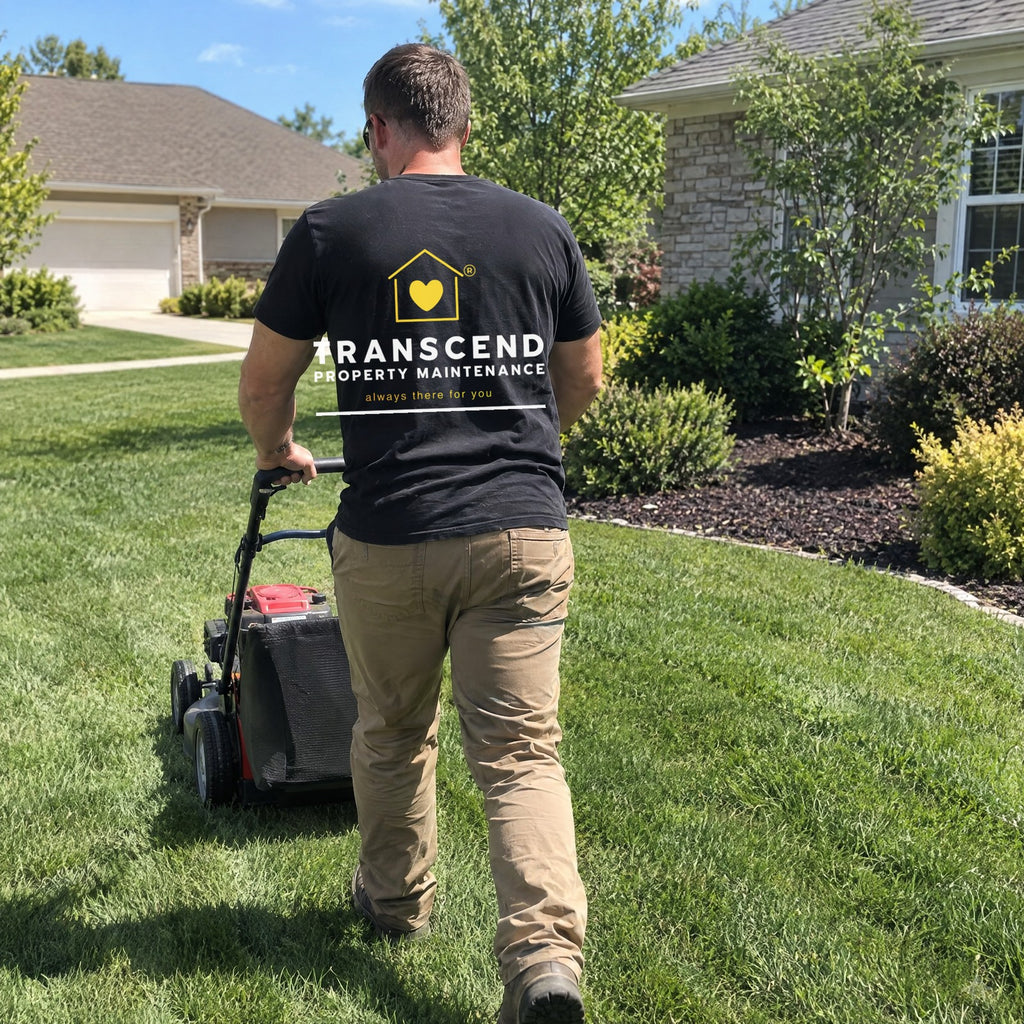 Back view of the Transcend Property Maintenance black tee with the large logo across the upper back (AI-generated example photo, logo placement matched to the real product)