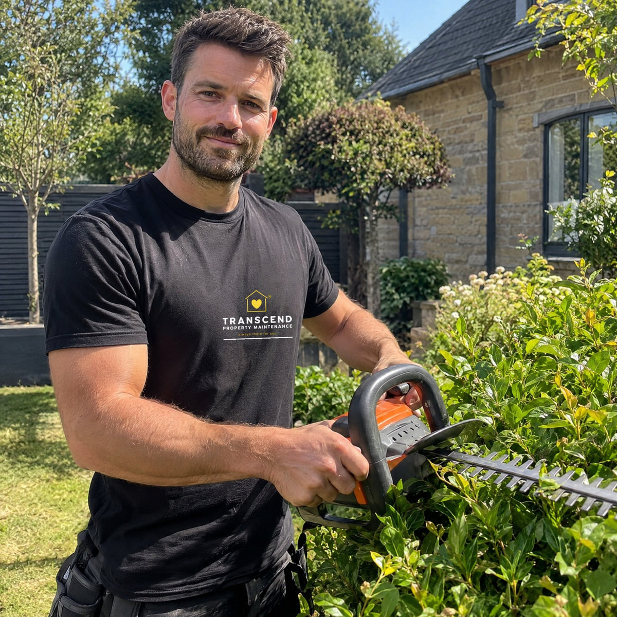 Landscaper trimming a hedge in the Transcend Property Maintenance black tee with the logo on the left chest (AI-generated example photo, logo placement matched to the real product)